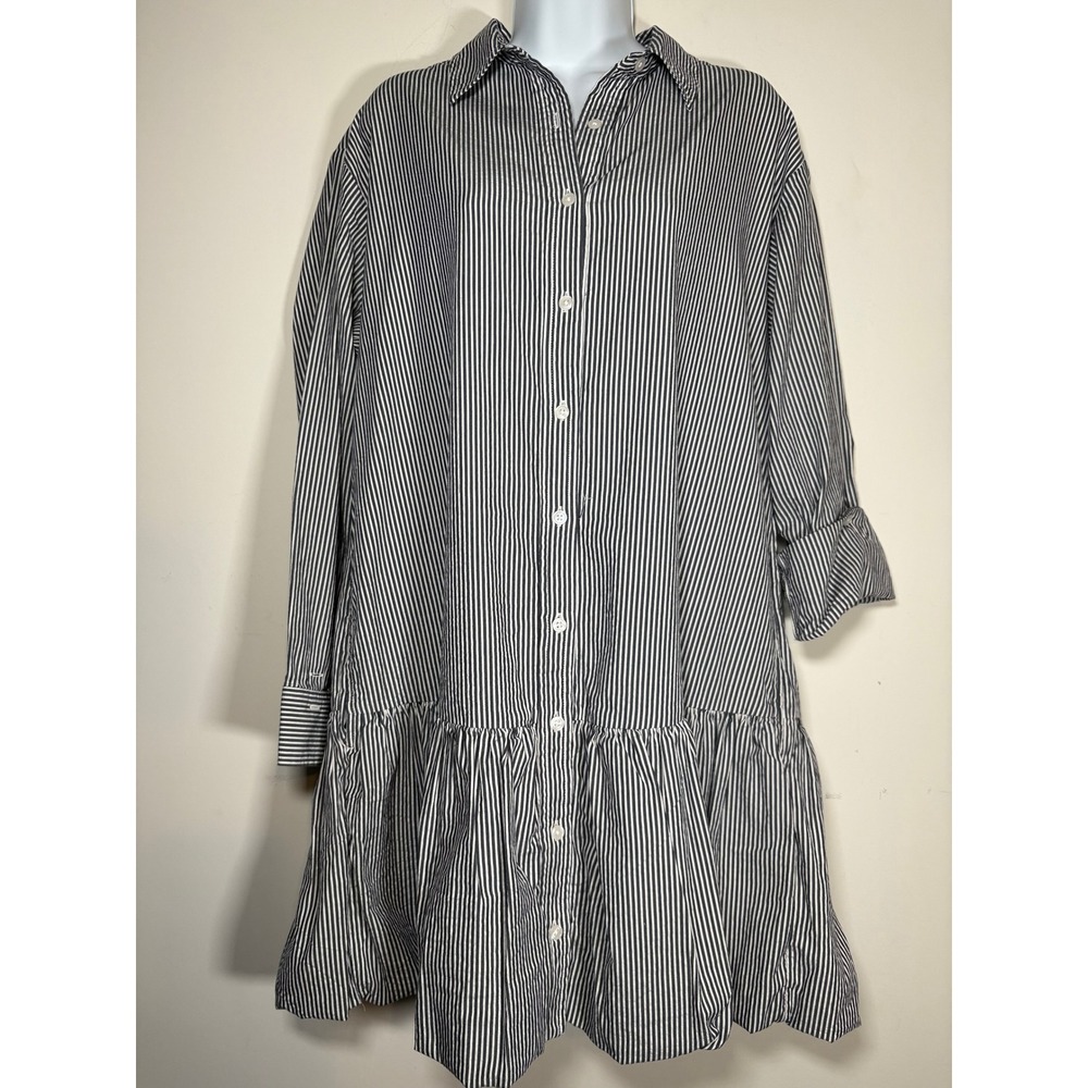 Lands End Shirt Dress Blue White Striped Ruffle Hem Preppy Coastal Casual Small